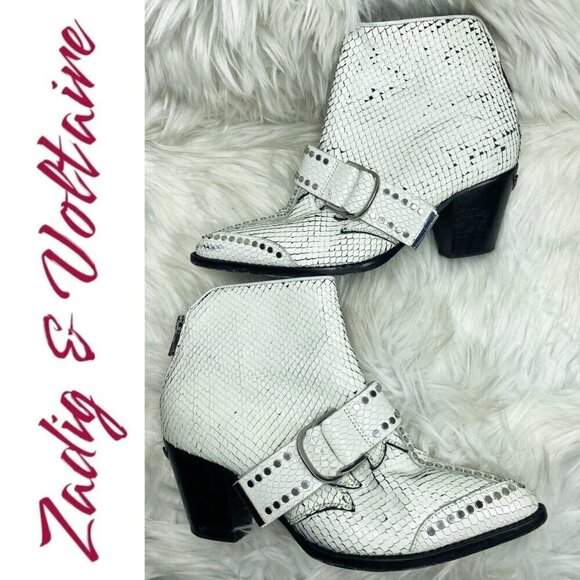 ZADIG & VOLTAIRE White Leather Snakeskin Urban Cowboy Studded Ankle Bootie, 37 - Picture 1 of 12